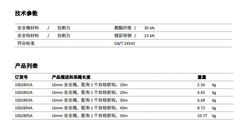 霍尼韦尔（Honeywell） 1002891A 安全绳 （16mm、10米、配有 1 个顶部抓钩）